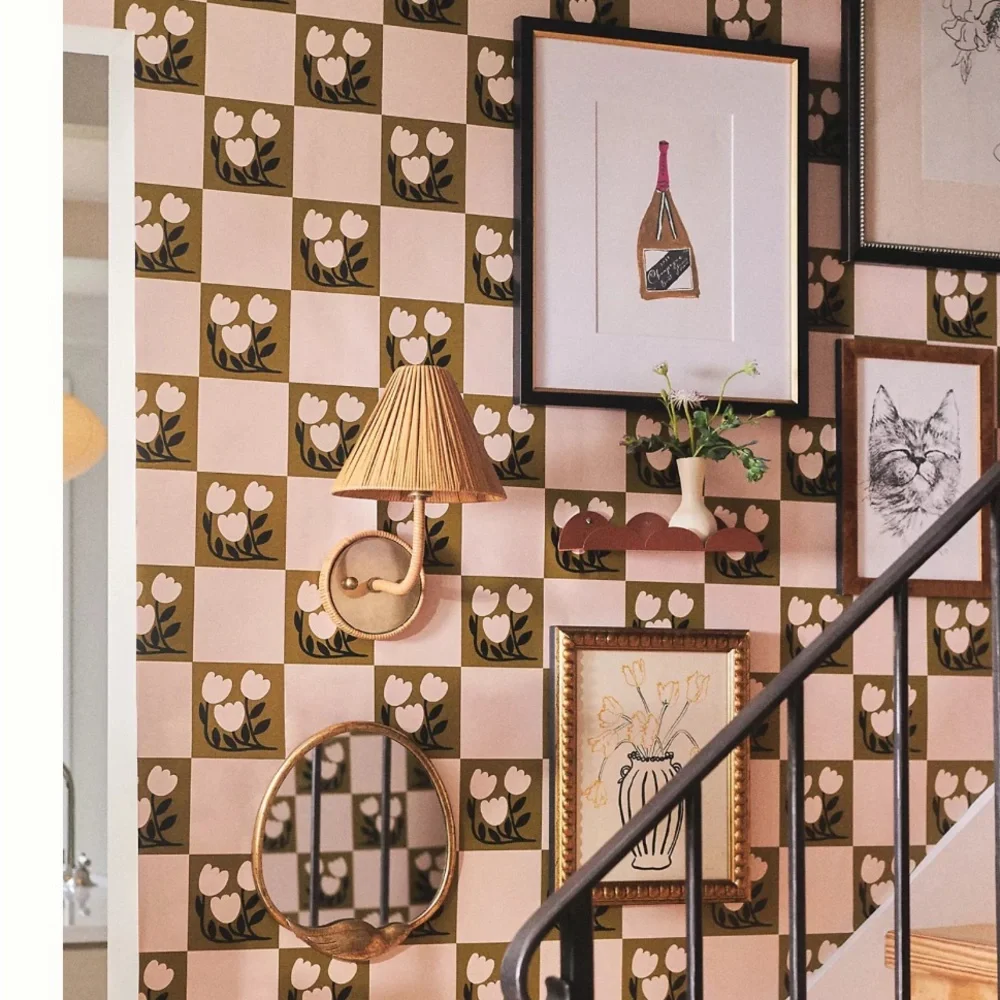Anthropologie Blossom Bliss Beige Floral Checkered Diana Pereira Wallpaper